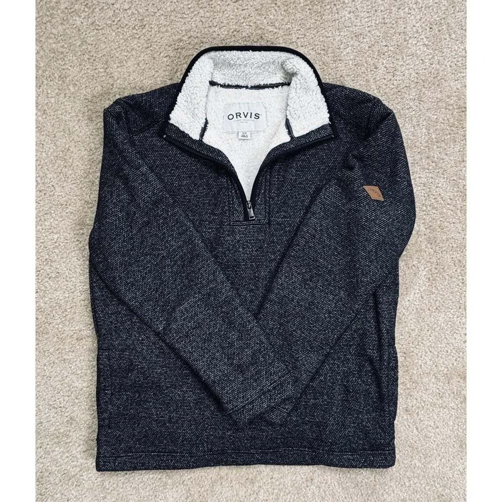 Orvis Brighton Mens Medium Sherpa Fleece Lined Quarter Zip Pullover Sweater Gray